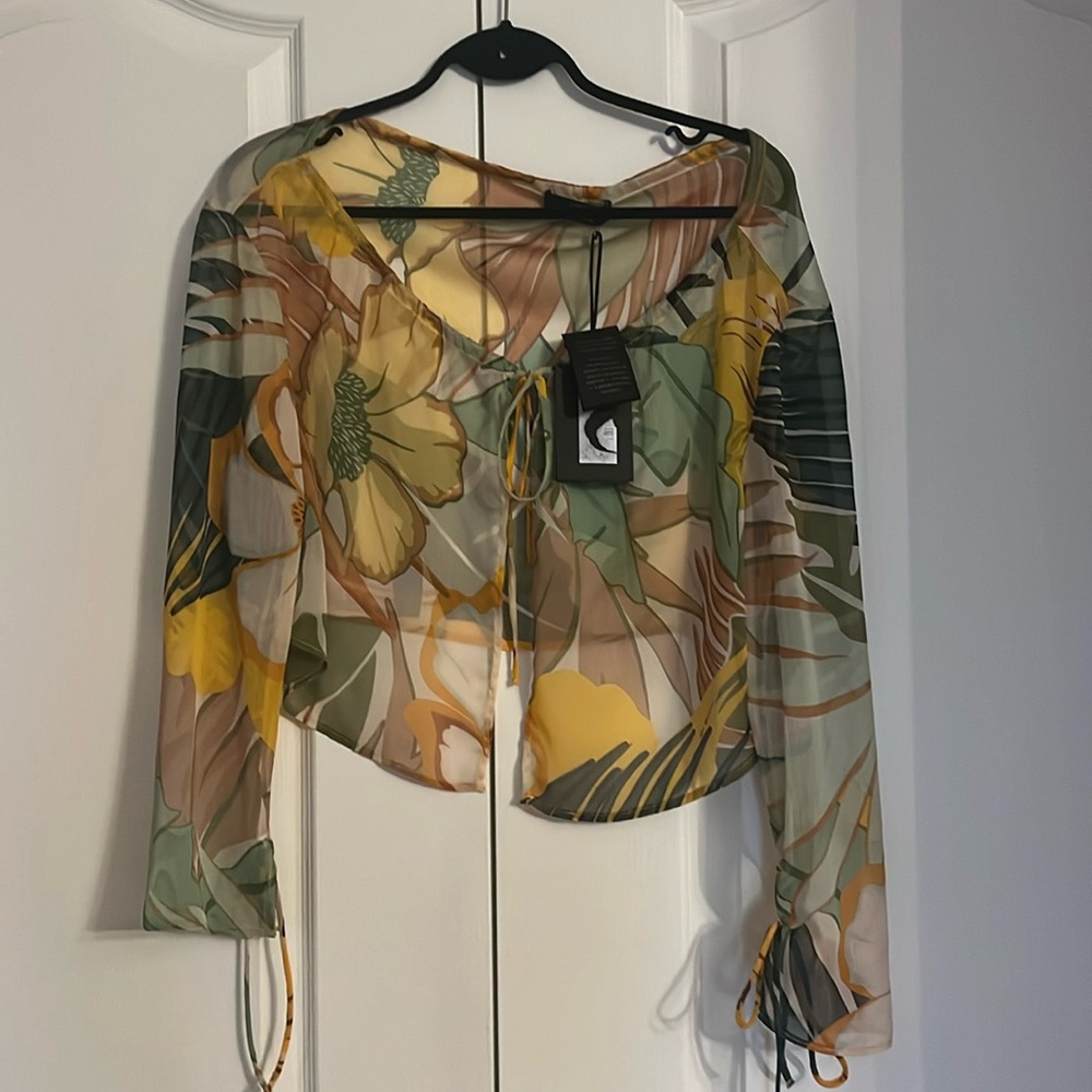 NWT Floral Sheer Blouse with Tie Detail